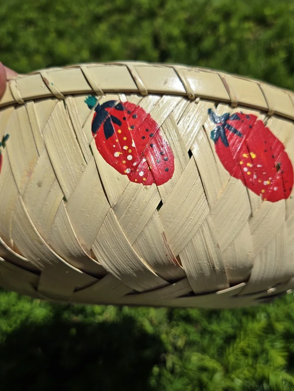 Hand painted Woven basket with strawberries/ Tomaroes Cottage Core Shabby Chic